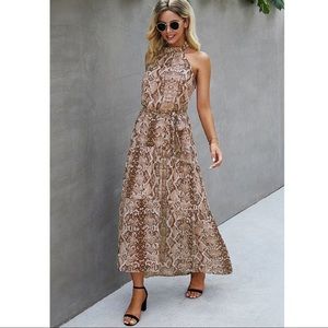 Brown Snakeskin Print Halter Tie Neck Maxi Dress